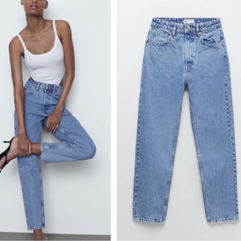 Sz 6 ZARA Mom Jeans high waisted light blue distressed edges